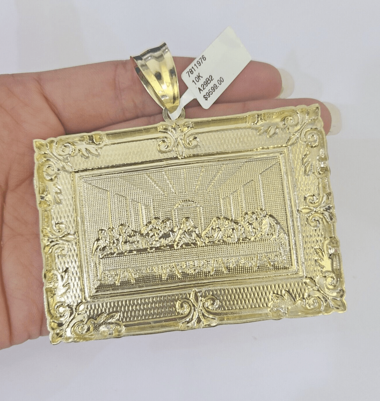 Real 10k Last Supper Pendant Charm Yellow Gold 3" Diamond Cut Genuine - GoldenlinQ