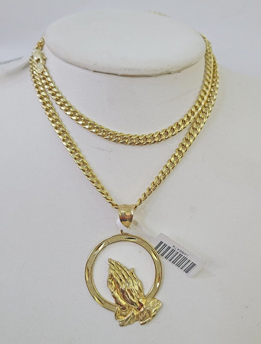 Real 10k Miami Cuban Chain Praying Hands Charm Set 4mm Yellow Gold Necklace - GoldenlinQ
