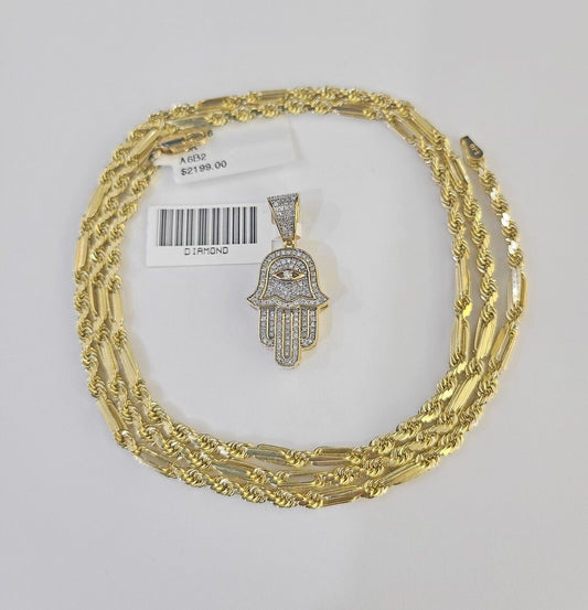 Real 10k Milano Rope Chain Diamond Hamsa Charm Necklace SET 3mm 18" 20" 22" 24" - GoldenlinQ