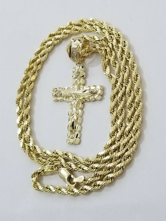 REAL 10k Rope Chain And Cross Charm Pendant 3mm Necklace Jesus Cross Set 16" - 28" - Reva Jeweler