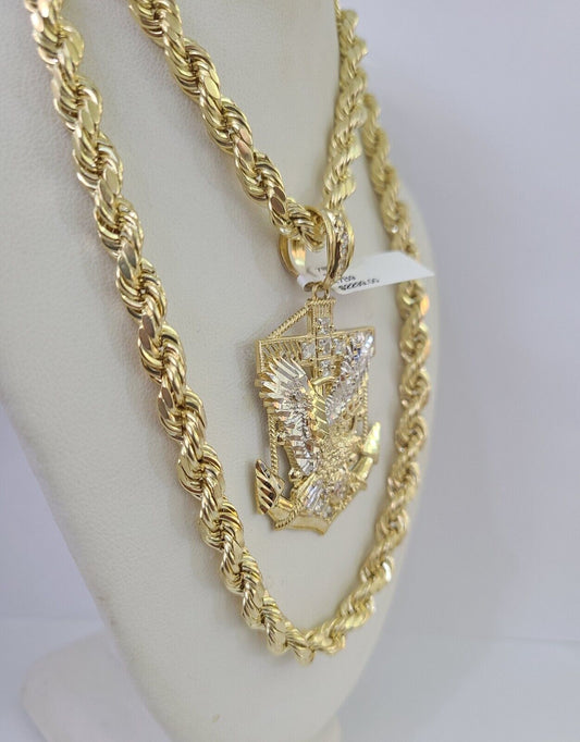 Real 10k Rope Chain Eagle Anchor Charm Set 7mm 20" - 28" Inch Necklace Yellow Gold - Reva Jeweler