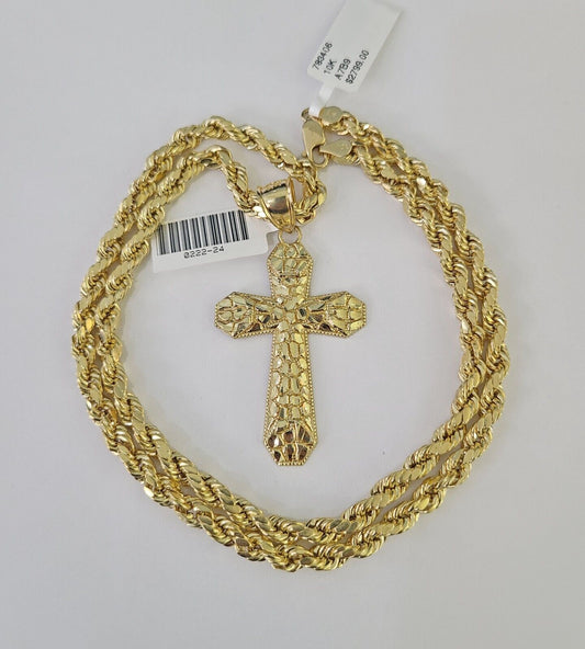 Real 10k Rope Chain Jesus Cross Charm Necklace Pendant Set 5mm 20" - 30" Inch Gold - Reva Jeweler
