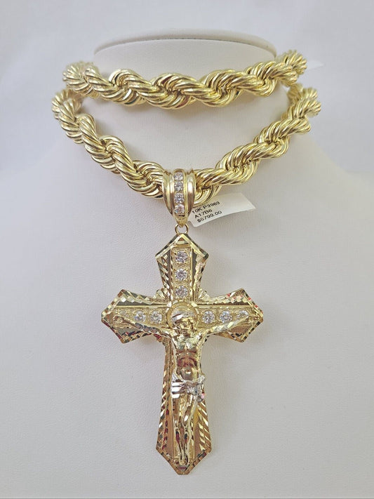 Real 10k Rope Chain Jesus Cross Charm Set 12mm 20" - 30" Inch Necklace Yellow Gold - Reva Jeweler