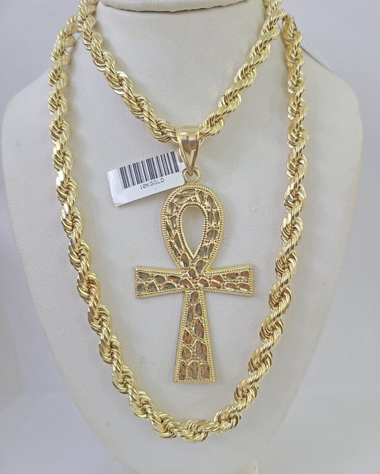 Real 10k Rope Chain Jesus Cross Charm Set 7mm 20" - 28" Inch Necklace Yellow Gold - Reva Jeweler