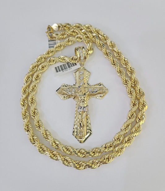 Real 10k Rope Chain Jesus Cross Charm Set 7mm 20" - 28" Inch Necklace Yellow Gold - Reva Jeweler