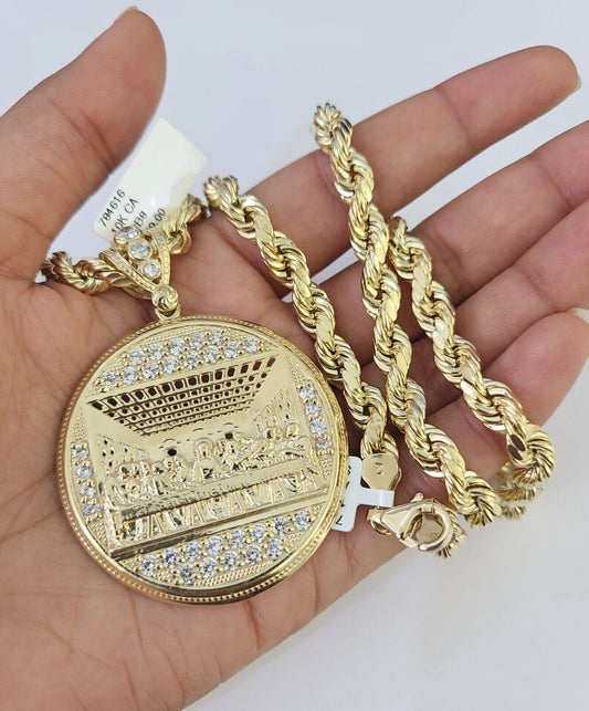 Real 10k Rope Chain Last Supper Charm Set 7mm 20" - 28" Inch Necklace Yellow Gold - Reva Jeweler