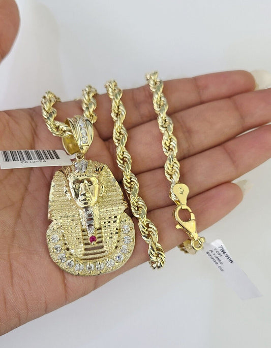 Real 10k Rope Chain Pharaoh Charm Set 7mm 18" - 26" Inch Necklace Yellow Gold - GoldenlinQ