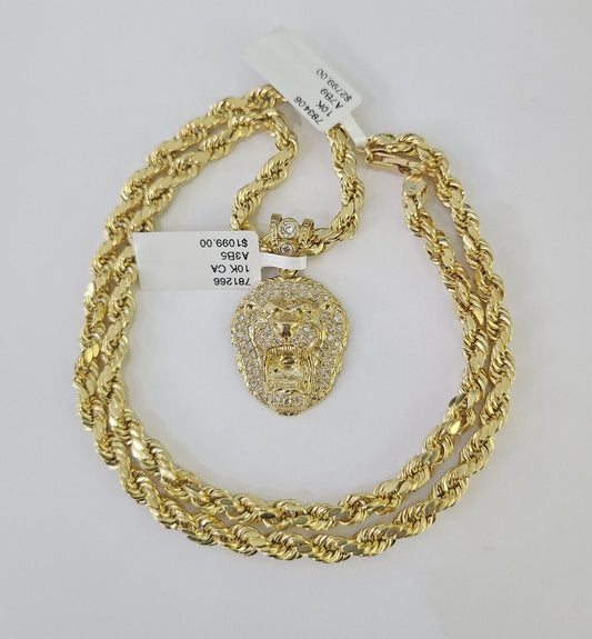 Real 10k Rope Chain RoaringLion Charm Necklace Pendant Set 5mm 20" - 30" Inch Gold - Reva Jeweler