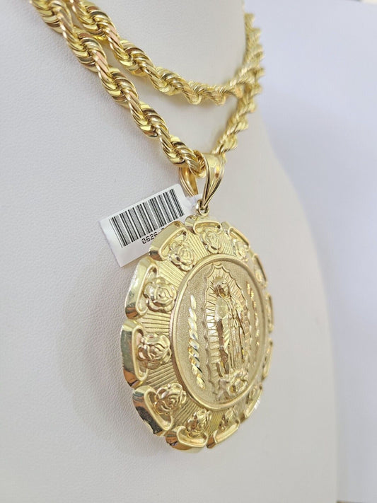 Real 10k Solid Rope Chain Jesus Virgin Mary Charm Set 6mm 20" - 30" Inch Necklace - GoldenlinQ