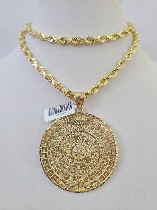 Real 10k Solid Rope Chain Mayan Calendar Charm Set 6mm 20" - 30" Inch Necklace - GoldenlinQ