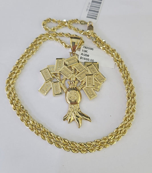 Real 10k Solid Rope Chain Money Tree Charm Set 3mm 20" - 30" Inch Necklace Gold - GoldenlinQ