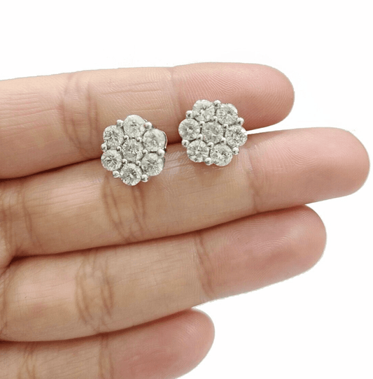 Real 10k White Gold Earring Stud Diamond 3.39CT Round Design Unisex Screw Back - Reva Jeweler