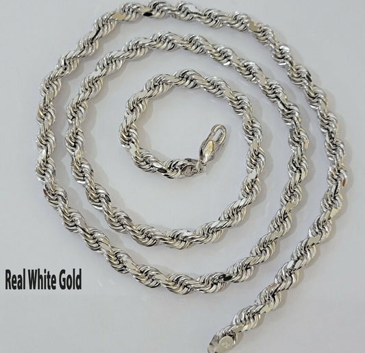 Real 10k White Gold Rope Chain Necklace 22 Inch 6mm Diamond Cuts Mens 10KT SOLID - Reva Jeweler