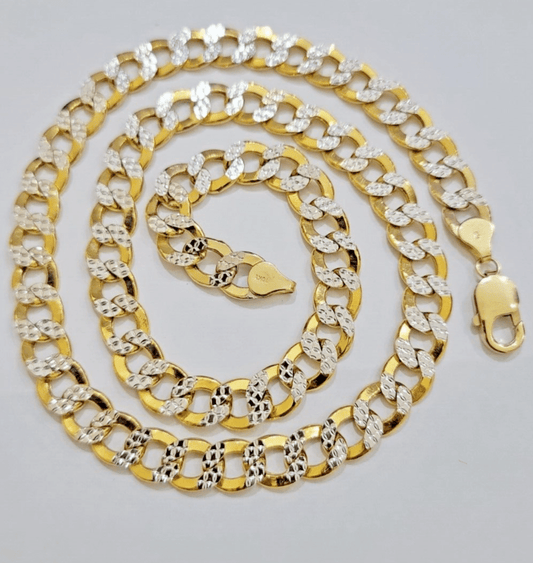 Real 10k Yellow Gold Chain Curb Link Necklace 10mm 22 Inch Diamond Cut Two - tone - Reva Jeweler