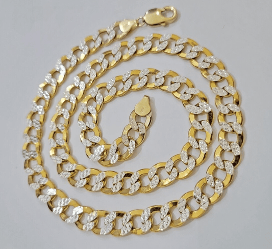 Real 10k Yellow Gold Chain Curb Link Necklace 10mm 24 Inch Diamond Cut Two - tone - Reva Jeweler