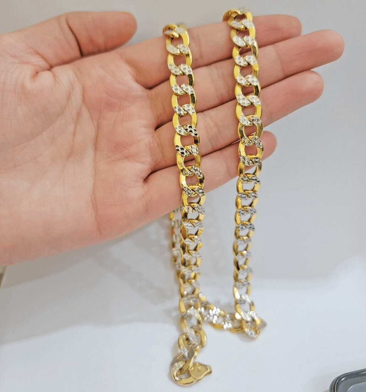 Real 10k Yellow Gold Chain Curb Link Necklace 10mm 26 Inch Diamond Cut Two - tone - Reva Jeweler