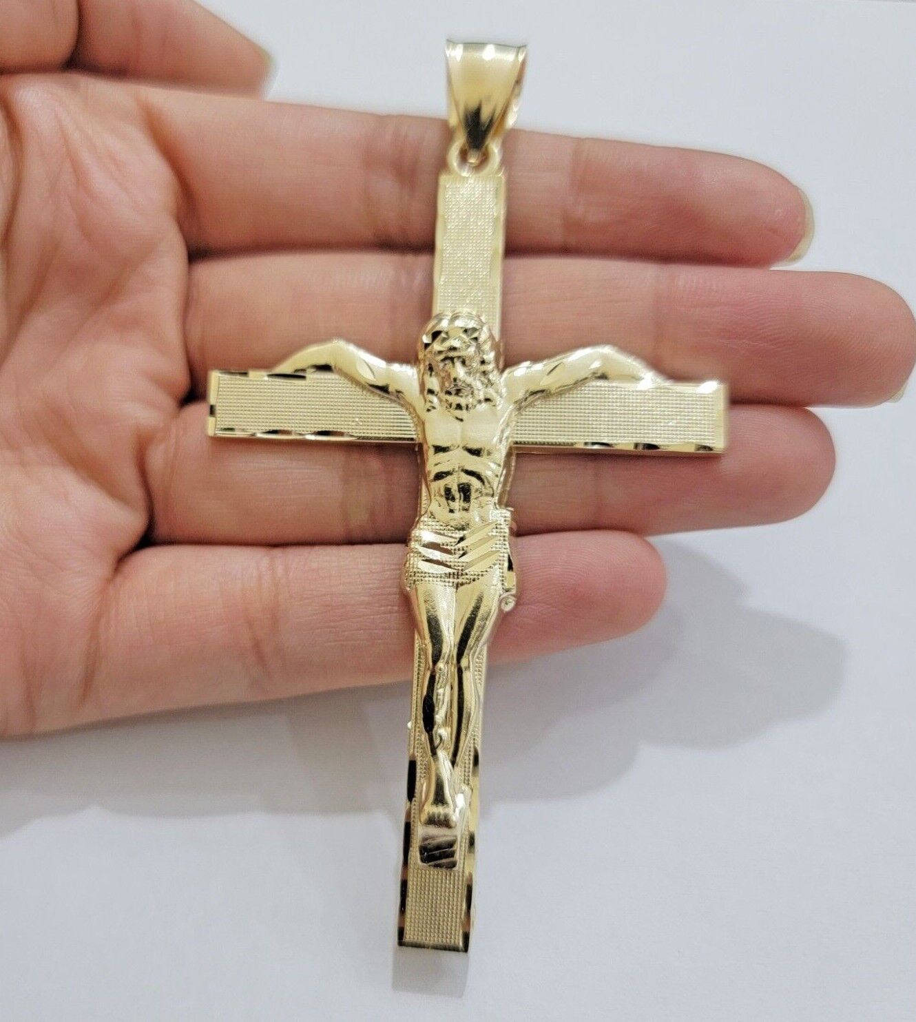 Real 10k Yellow Gold Cross Charm Pendant Jesus Crucifix 3.5" Inch 10KT For Chain - Reva Jeweler