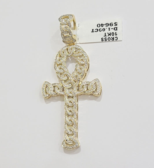 Real 10k Yellow Gold Diamond Ankh Cross Charm Pendant 1.08 CT Mens 2.5Inch - Reva Jeweler