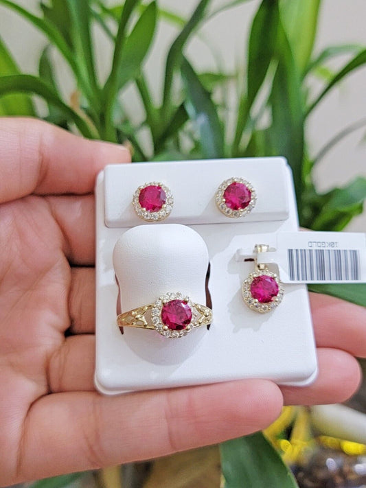 Real 10k Yellow Gold earring ring and pendant Ruby set for ladies / Women , 10KT - Reva Jeweler