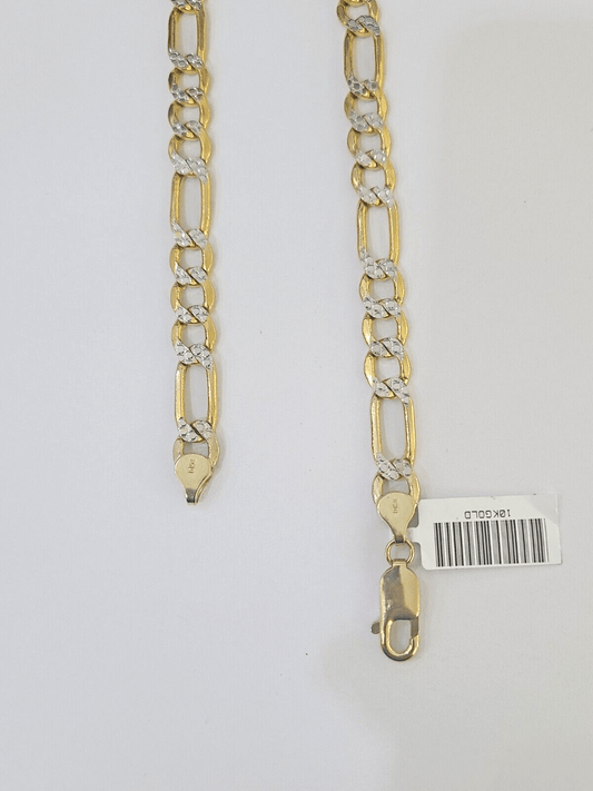 Real 10k Yellow Gold Figaro Link Chain 7mm 24 Inch Diamond Cut Necklace - Reva Jeweler