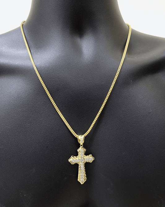 Real 10k Yellow Gold Franco Chain 2.5mm 24" inch Necklace Jesus Cross Charm 10kt - Reva Jeweler