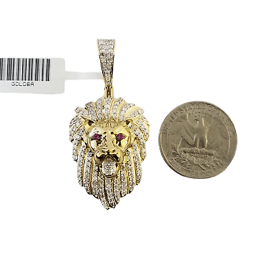 Real 10K Yellow Gold Genuine Diamond Lion Head Pendant Pink Eye Lion Charm - Reva Jeweler