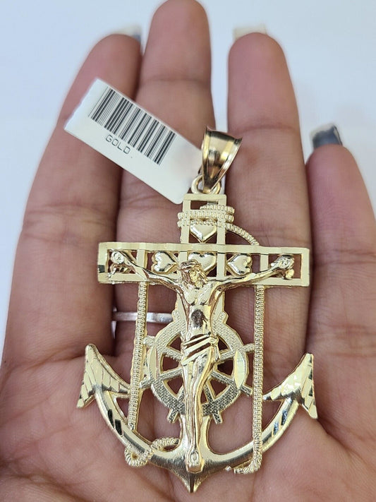 Real 10k Yellow Gold Jesus Anchor Pendant 2.5 inches Charm - Reva Jeweler