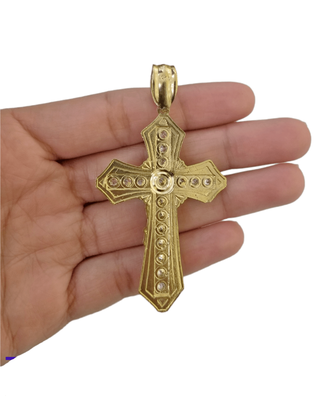 Real 10k Yellow Gold Jesus Cross Charm Men's pendant 3.75" With cubic Zirconia - Reva Jeweler