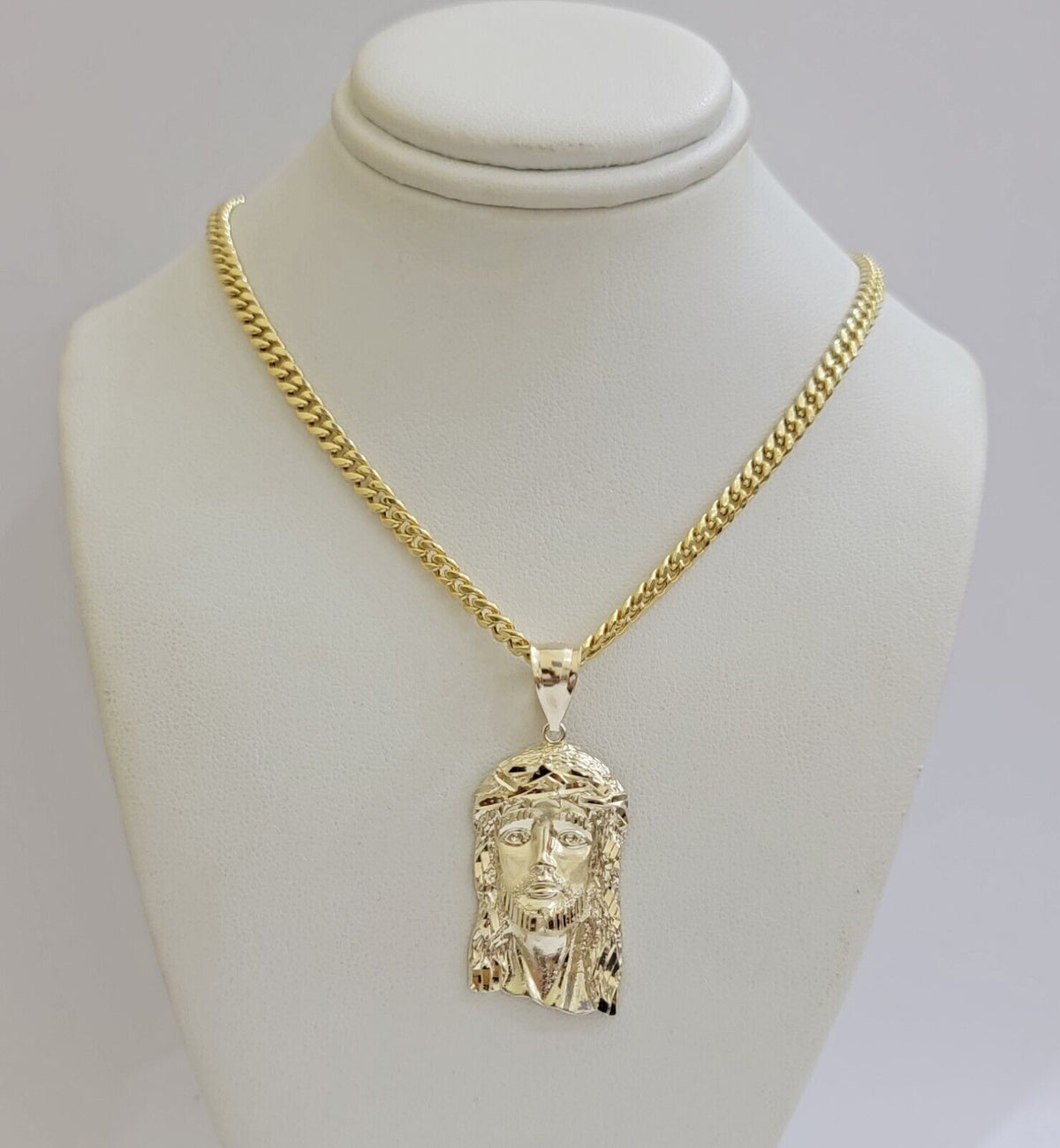 Real 10k Yellow Gold Jesus Head Charm Pendant & Miami Cuban Link Chain Necklace - Reva Jeweler
