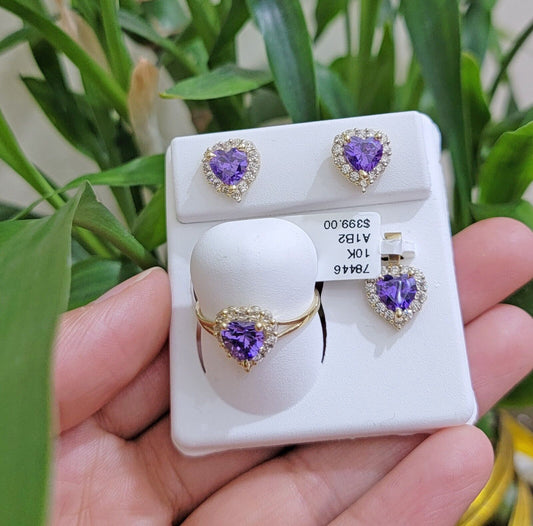 Real 10k Yellow Gold Ladies earring ring and pendant Purple heart Amethyst set - Reva Jeweler