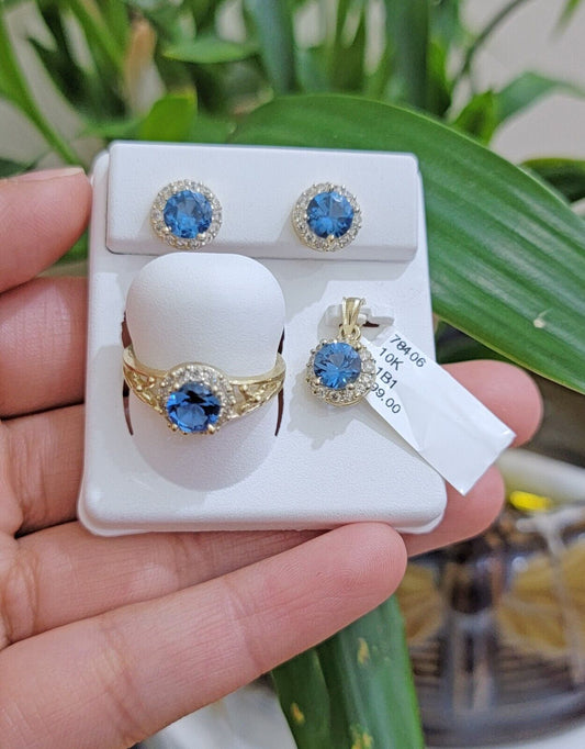 Real 10k Yellow Gold Ladies earring ring & pendant Blue heart Sapphire set ,10KT - Reva Jeweler