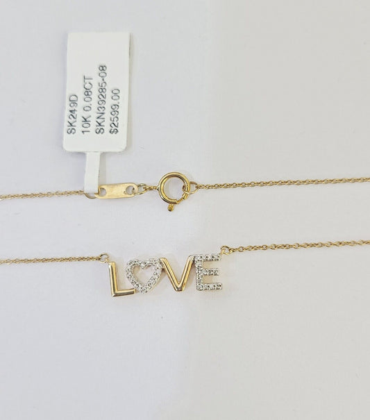 Real 10k Yellow Gold LOVE Diamond Pendant Chain Necklace Set Women - Reva Jeweler