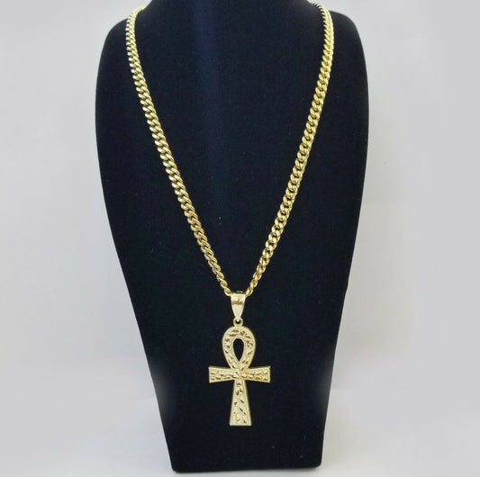 Real 10k Yellow Gold Men Ankh Cross Charm 20" Inch 6mm Miami Cuban Chain - Reva Jeweler