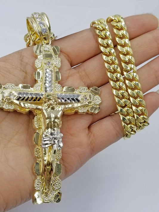 Real 10k Yellow Gold Men Jesus Cross Charm with Miami Cuban Chain Diamond Cut - Reva Jeweler