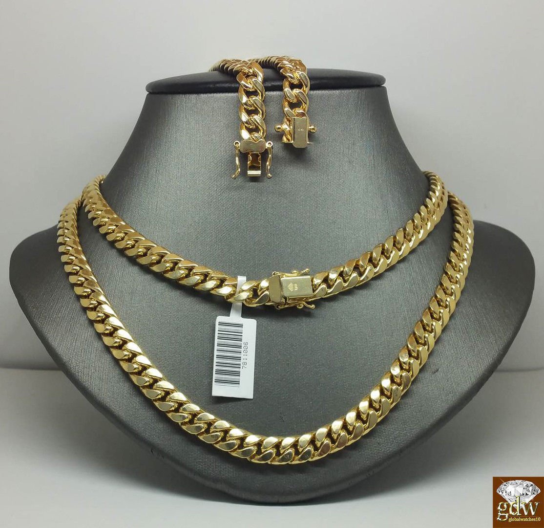 Real 10K Yellow Gold Miami Cuban Chain Necklace 9mm 28" Box Lobster Clasp - Reva Jeweler