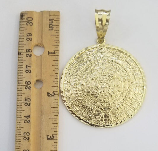 Real 10k Yellow Gold Pendant Circular Mayan Calendar Charm 2.5" SOLID 10kt - Reva Jeweler