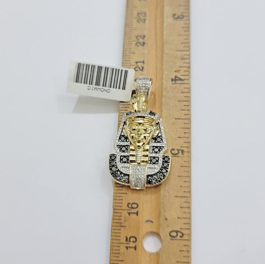 Real 10k Yellow Gold Pharoah Head Charm Pendant With black & White Diamonds Mens - Reva Jeweler