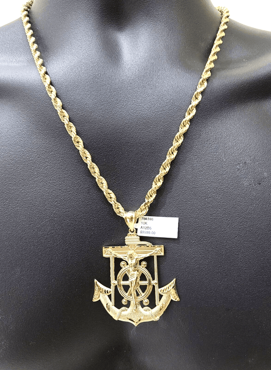Real 10k Yellow Gold Rope Chain 22'' Necklace anchor cross charm pendant - Reva Jeweler