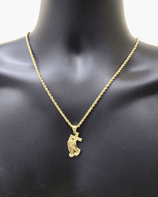 Real 10k Yellow Gold Rope Chain 26'' Necklace Praying Hand Cross Charm Pendant - GoldenlinQ