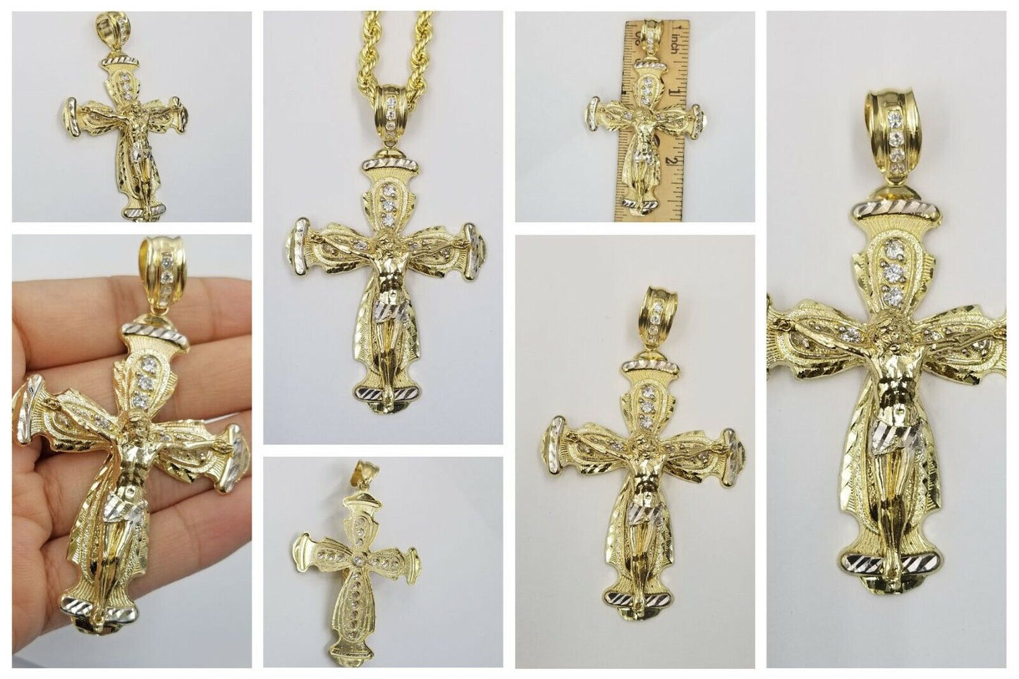 Real 10k Yellow Gold Rope Chain Crucifix Cross Pendent Jesus Diamond Cut Charm - Reva Jeweler