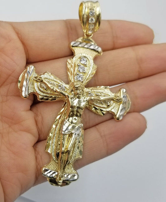 Real 10k Yellow Gold Rope Chain Crucifix Cross Pendent Jesus Diamond Cut Charm - Reva Jeweler