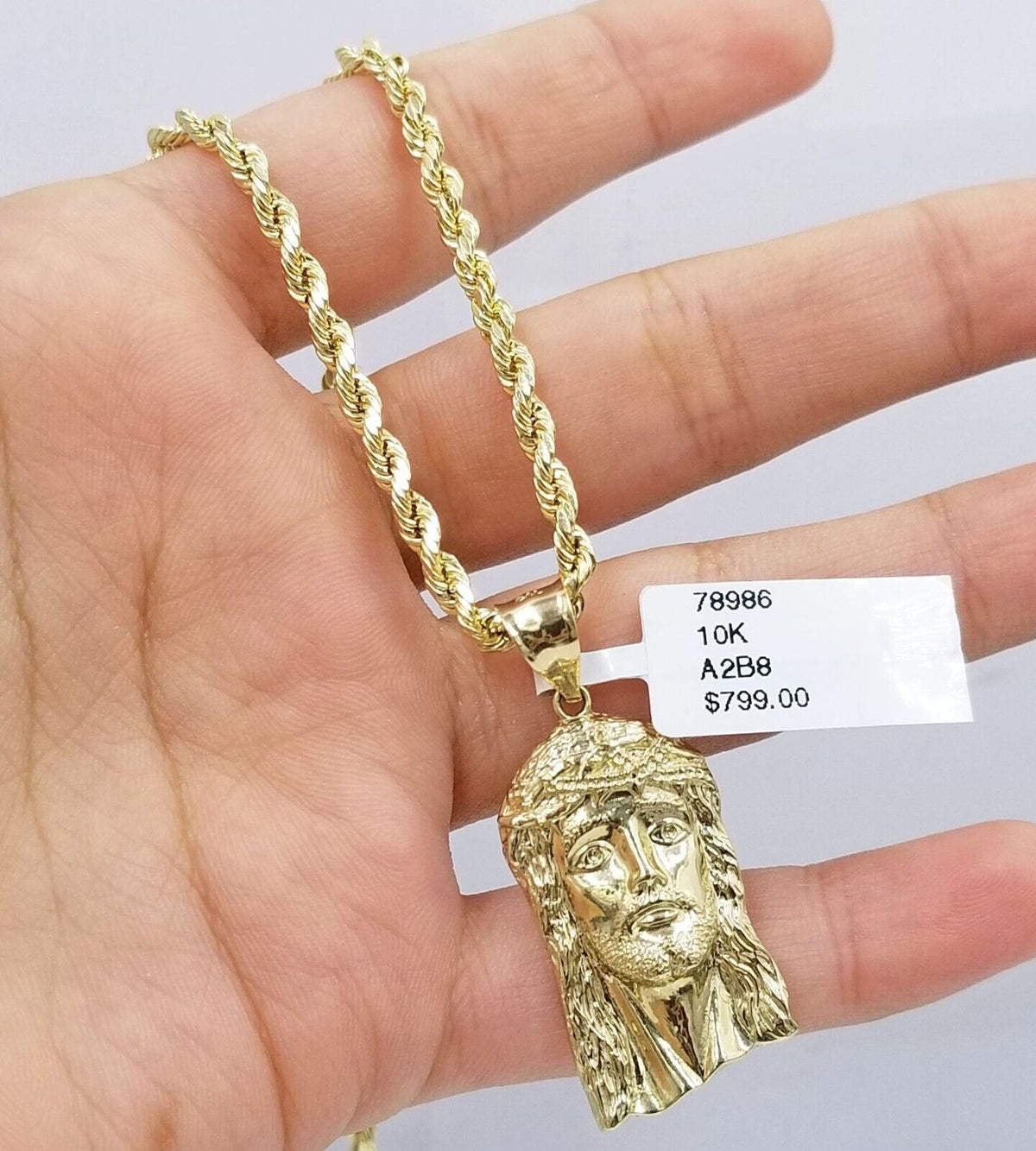 Real 10k Yellow Gold Rope Chain Jesus Charm Pendant SET 4mm 18 - 28 inch Necklace - Reva Jeweler
