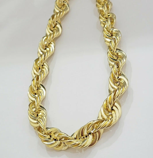 REAL 10K Yellow Gold Rope Chain Necklace 15MM Thick 22" Diamond Cut MEN'S,SHORT - Reva Jeweler