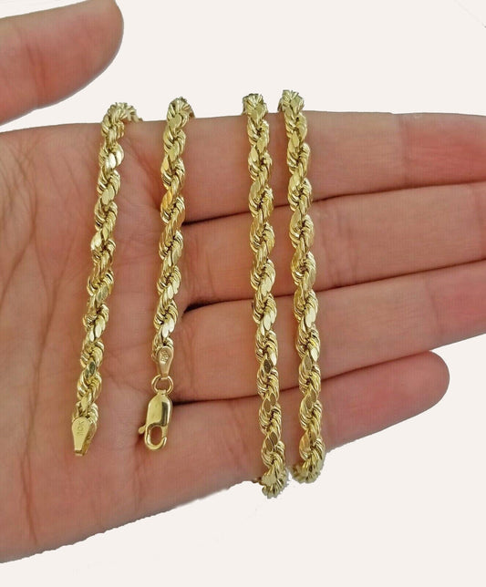 Real 10k Yellow Gold Rope Chain Necklace 4mm 18" - 30" Inch Diamond cuts 10kt - Reva Jeweler