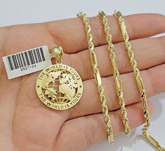 Real 10kt Gold Milano Rope Chain World Map Charm Pendant Set 18 - 24 Inch Necklace - Reva Jeweler