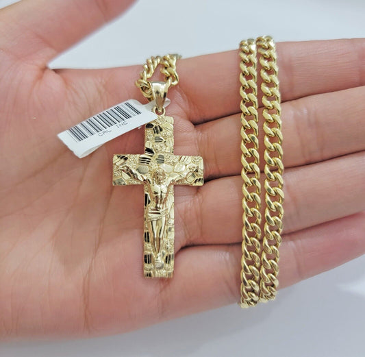 Real 10kt Gold Nugget Charm pendant &Miami Cuban Link chain Necklace 5mm 26" SET - Reva Jeweler