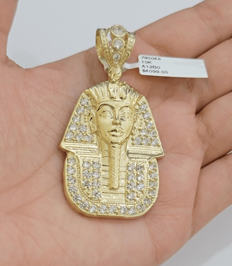 Real 10kt Pharoah Charm Pendant CZ 10k Yellow Gold For Chain Necklace 2.2'' SALE - Reva Jeweler