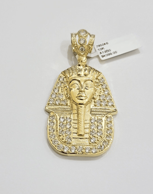 Real 10kt Pharoah Charm Pendant CZ 10k Yellow Gold For Chain Necklace 2.2'' SALE - Reva Jeweler