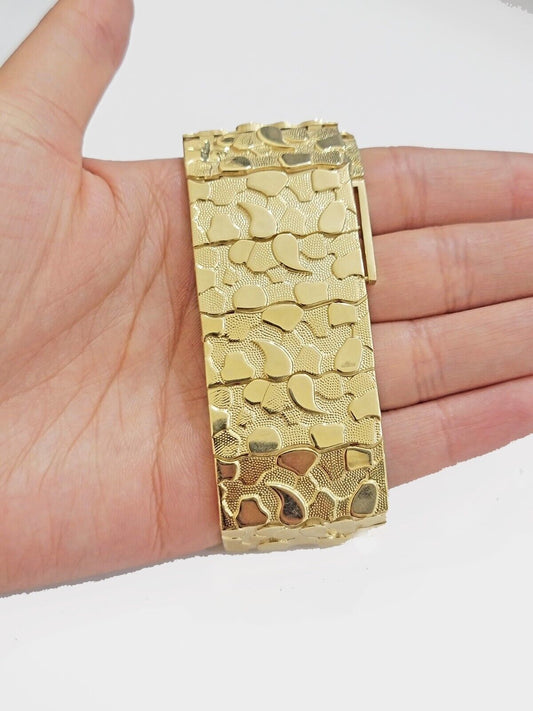 Real 14k Gold Nugget Bracelet Mens 10 Inch Long 30mm Thick Genuine 14 KT Solid - Reva Jeweler