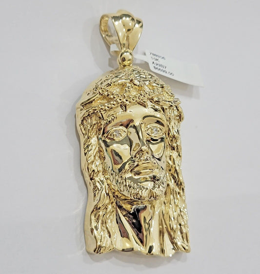 Real 14k Gold Pendant Jesus Head Charm 14kt Yellow Gold 3.1 Inch Long For Men's - Reva Jeweler